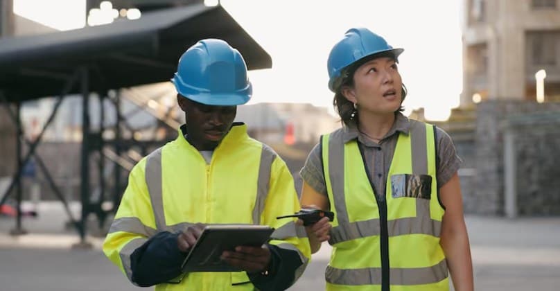 Two engineers walking a site reviewing plans on a tablet